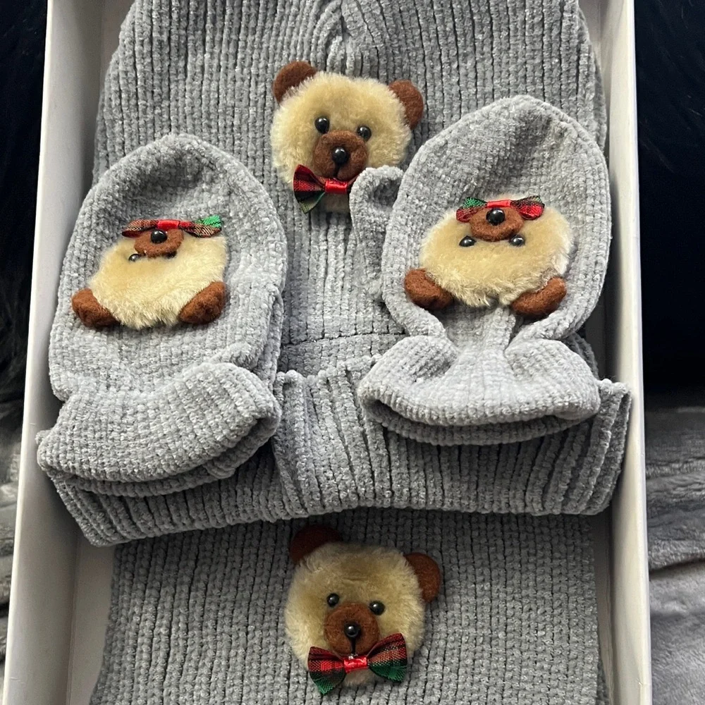 New! Cute Gray Bear-Themed Kids Winter Set boxed